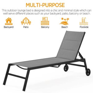 Yaheetech Outdoor Patio Chaise Lounge, All Weather Outdoor Lounge with Wheels, 5-Position Adjustable Recliner for Patio, Pool, Beach & Yard, Dark Gray