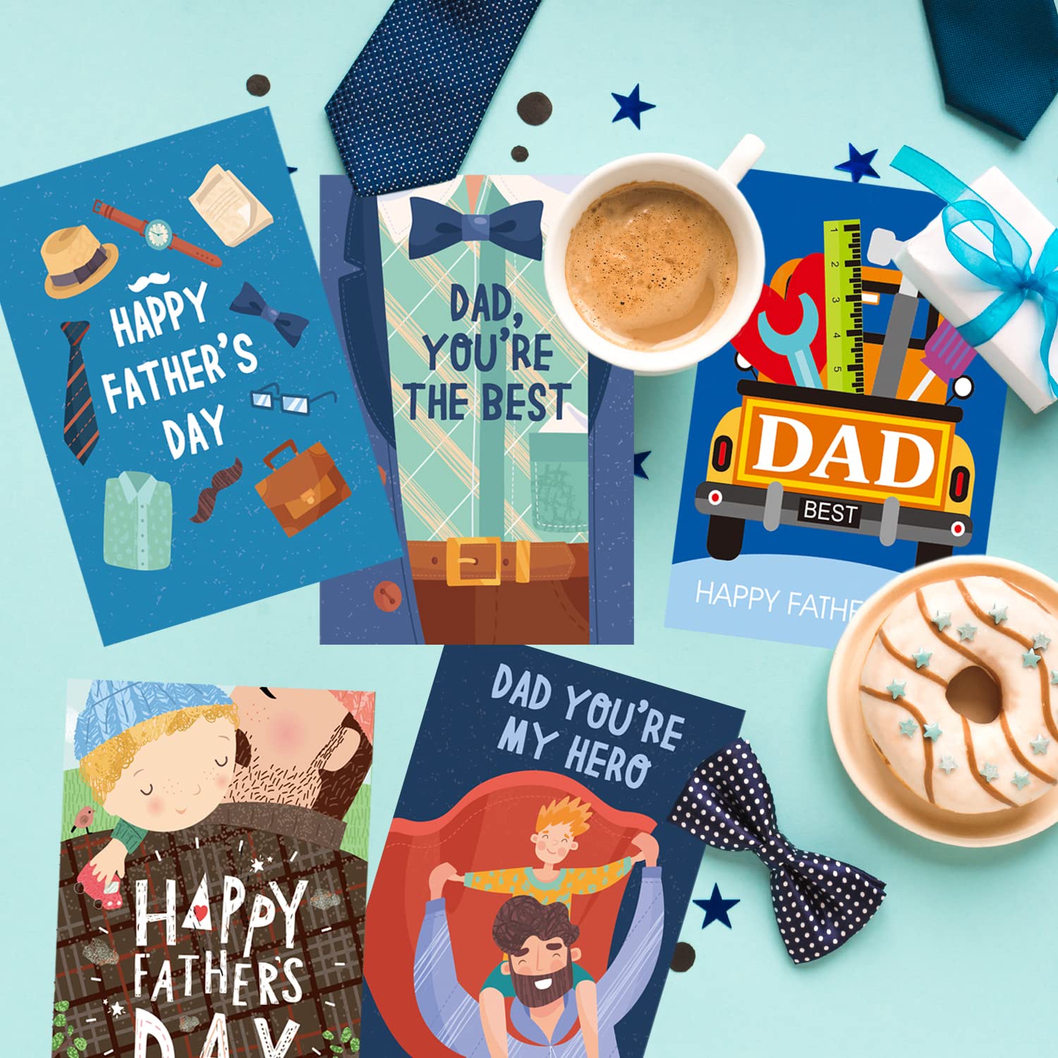 Doumeny 24 Sets Happy Father's Day Greeting Cards with Envelopes 6 Assortment Father Day Note Cards Best Dad Ever Paper Gift Cards Father's Day Message Blank Cards for Father Party Birthday Wrapping