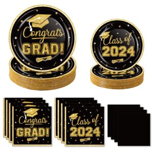 oumuamua graduation party supplies 2024 dinnerware set - blue gold graduation plates and napkins class of 2024 disposable tableware for college high school congrats graduation party favors, serve 50