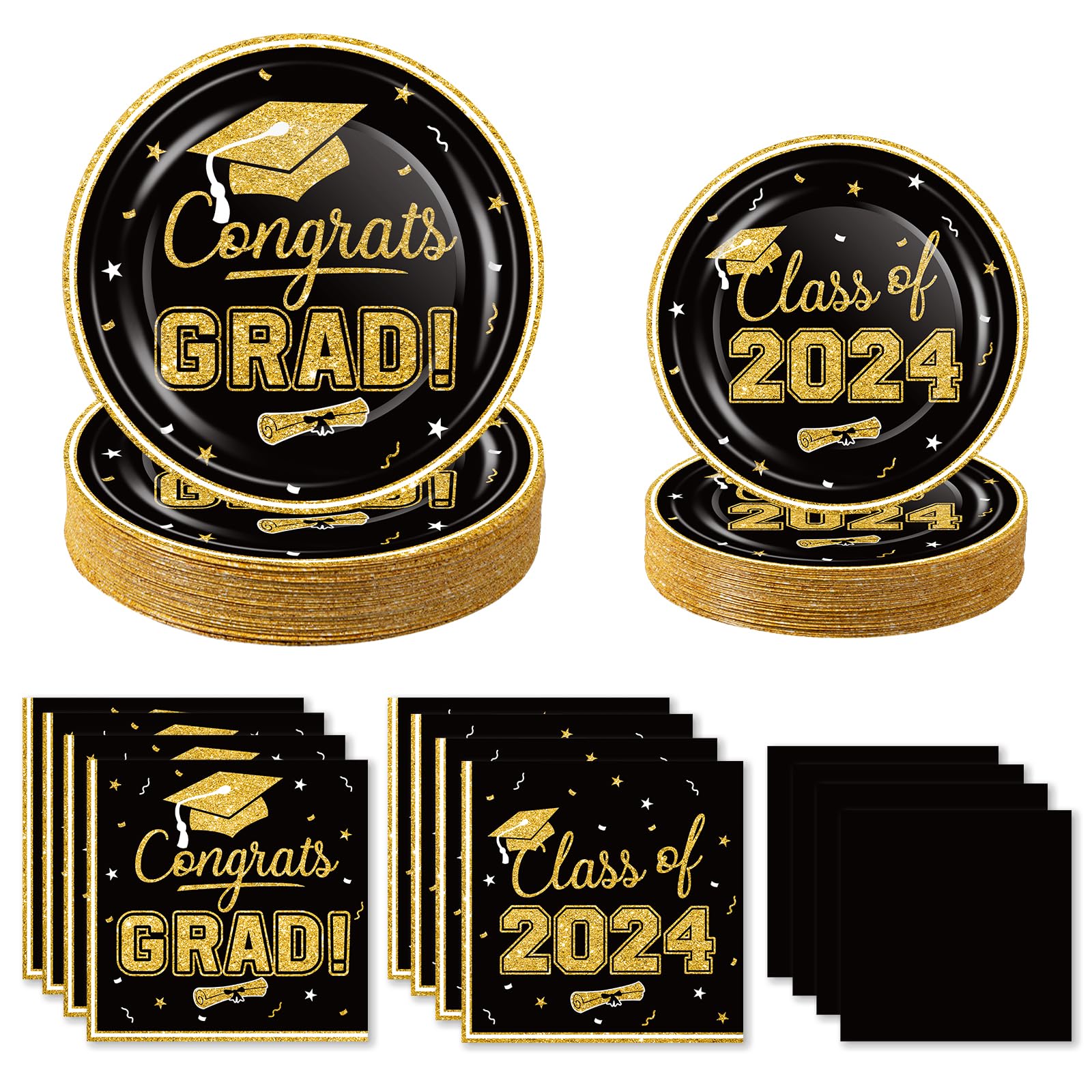 OuMuaMua Graduation Party Supplies 2024 Dinnerware Set - Blue Gold Graduation Plates and Napkins Class of 2024 Disposable Tableware for College High School Congrats Graduation Party Favors, Serve 50