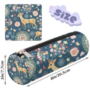 Flower Deer Bird Canvas Pencil Case for Pen Pouch Bag, Durable Compact with Zipper Round Pencil Case, Stationery Organizer Bag Purse for Kids Girls Boys School Adults Office