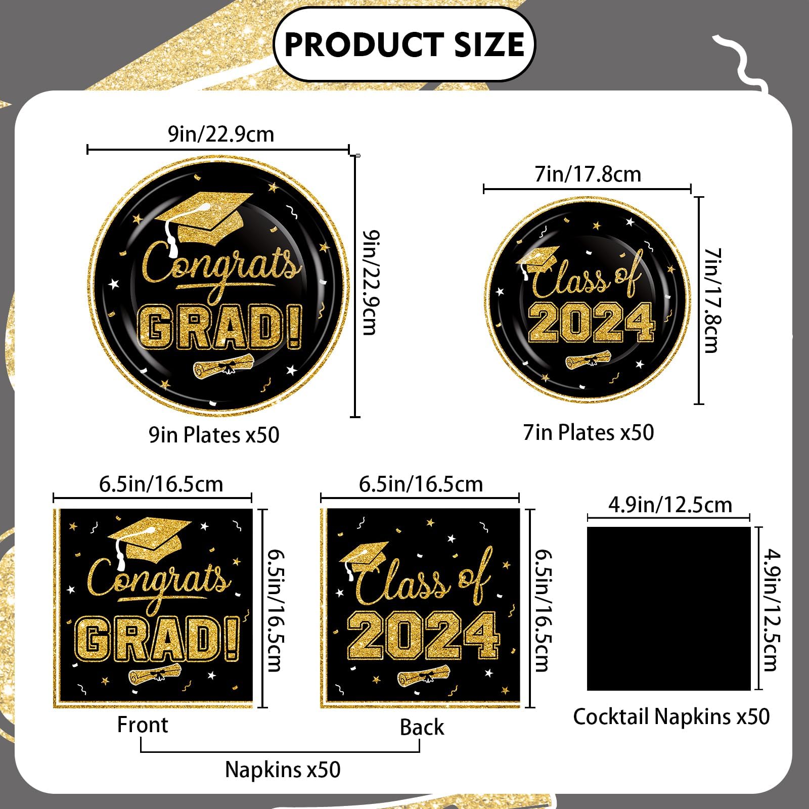 OuMuaMua Graduation Party Supplies 2024 Dinnerware Set - Blue Gold Graduation Plates and Napkins Class of 2024 Disposable Tableware for College High School Congrats Graduation Party Favors, Serve 50