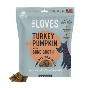 farmland traditions tiny loves jerky trainer treats for dogs w/bone broth (turkey & pumpkin, 6 oz.)