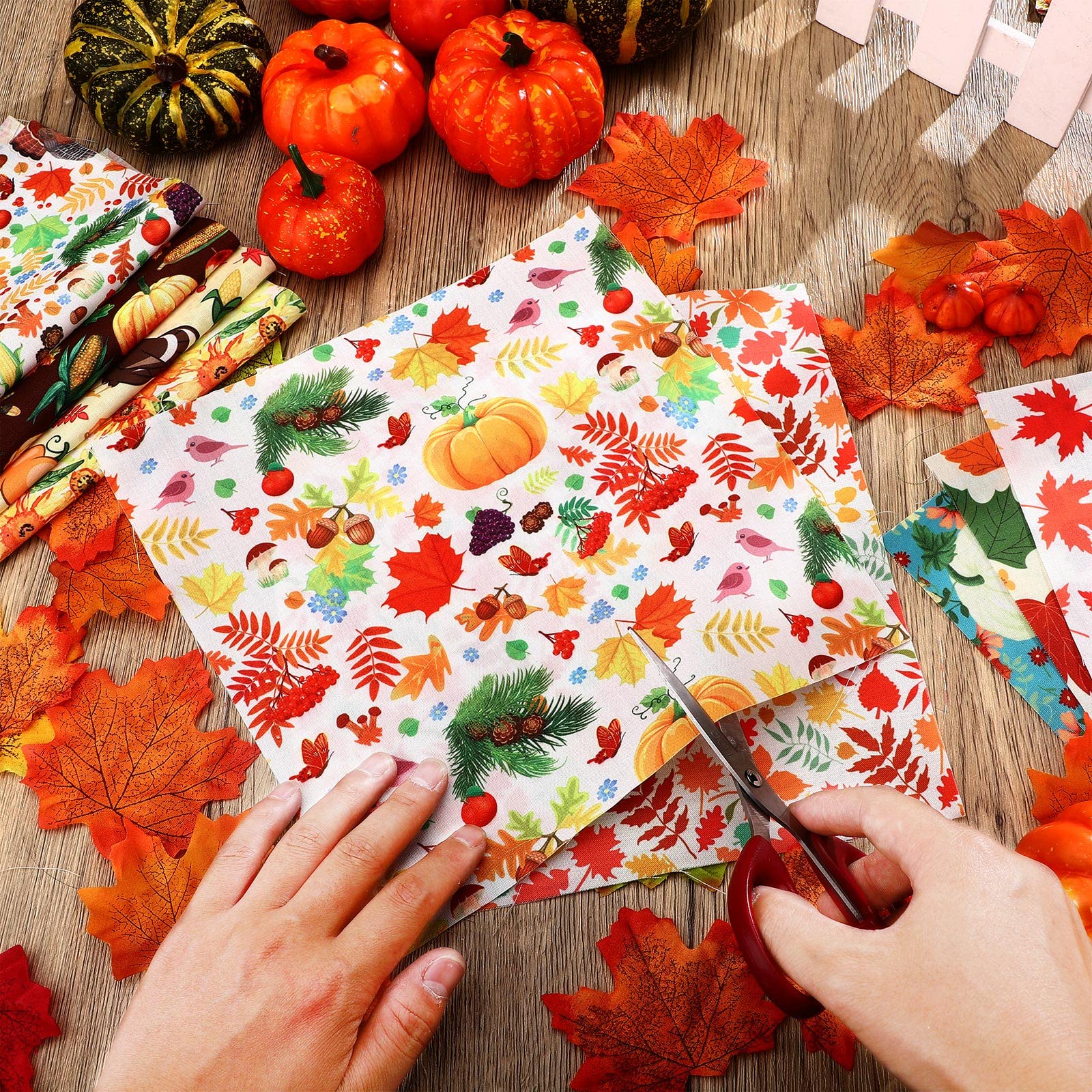 Frienda 20 Pcs Fall Fabric Squares Thanksgiving Autumn Patchwork Fabrics Fat Quarters Fall Fabric Bundles Maple Leaf Turkey Square Fabric for Fall Sewing DIY Crafts