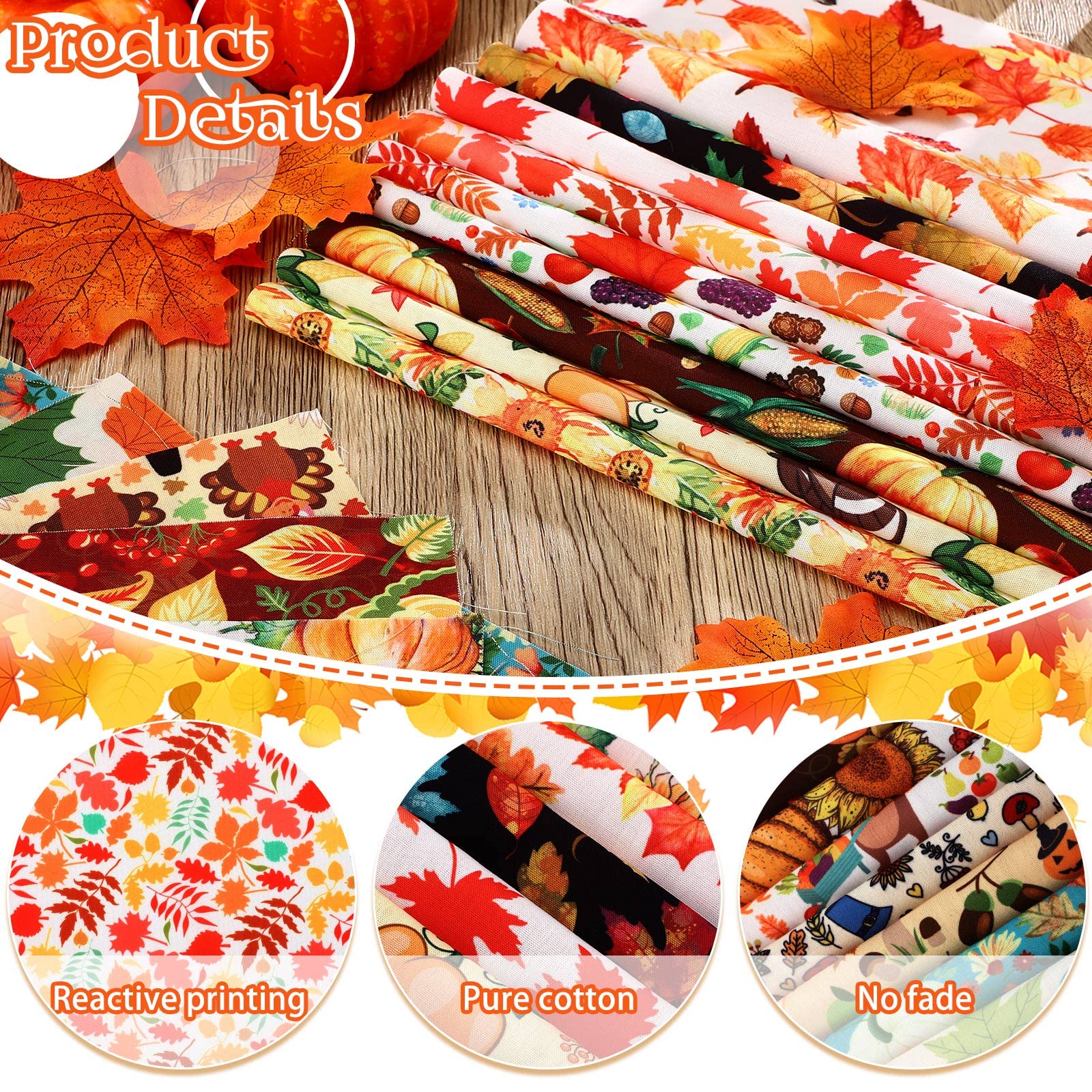 Frienda 20 Pcs Fall Fabric Squares Thanksgiving Autumn Patchwork Fabrics Fat Quarters Fall Fabric Bundles Maple Leaf Turkey Square Fabric for Fall Sewing DIY Crafts