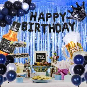 Black and Blue Party Decorations, Happy Birthday Decorations for Men Women Birthday Black Party Decor with Foil Fringe Curtains and Crown, Party Supplies for 25th 30th 35th 40th 45th 50th 60th 65th