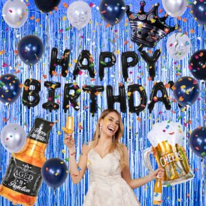 Black and Blue Party Decorations, Happy Birthday Decorations for Men Women Birthday Black Party Decor with Foil Fringe Curtains and Crown, Party Supplies for 25th 30th 35th 40th 45th 50th 60th 65th