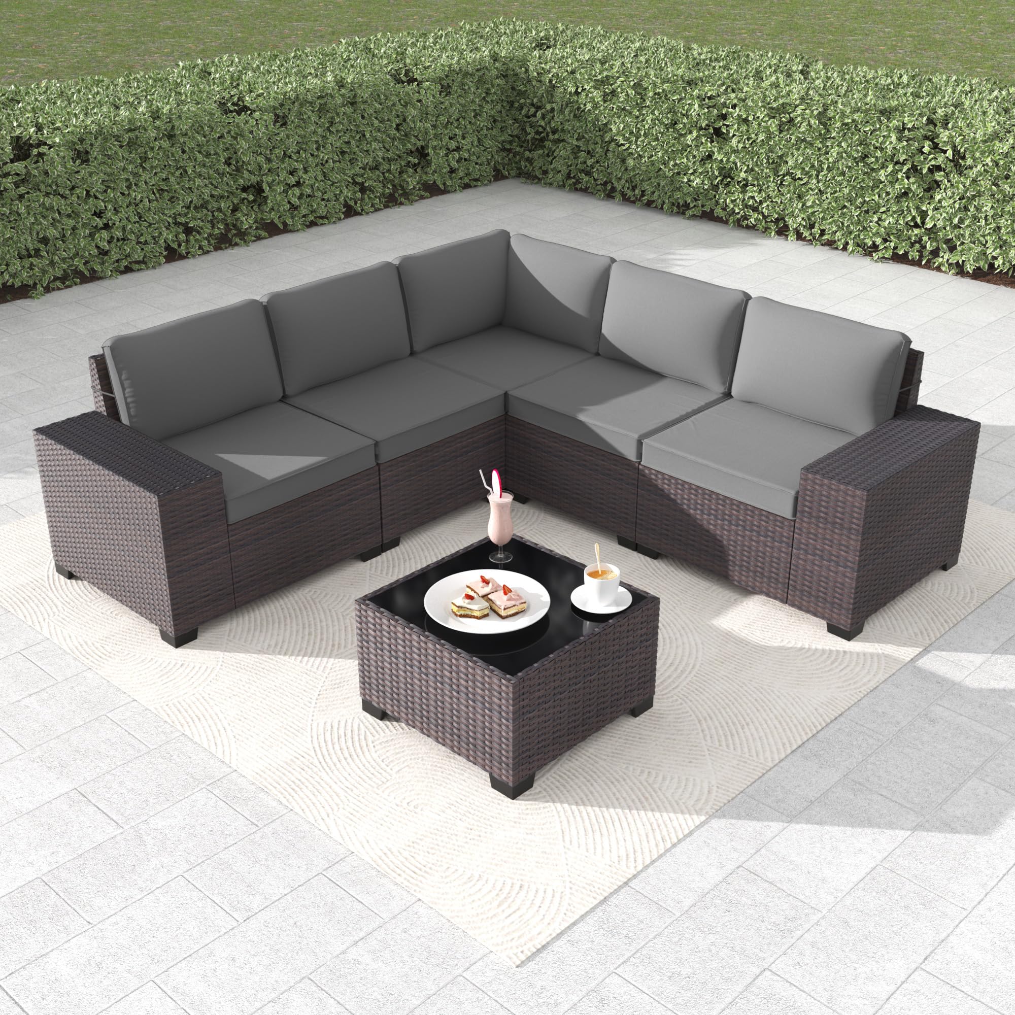 Gotland 6-Piece Patio Furniture Set, All-Weather PE Rattan Outdoor Sectional with Replaceable Grey Waterproof Cushions and Coffee Table