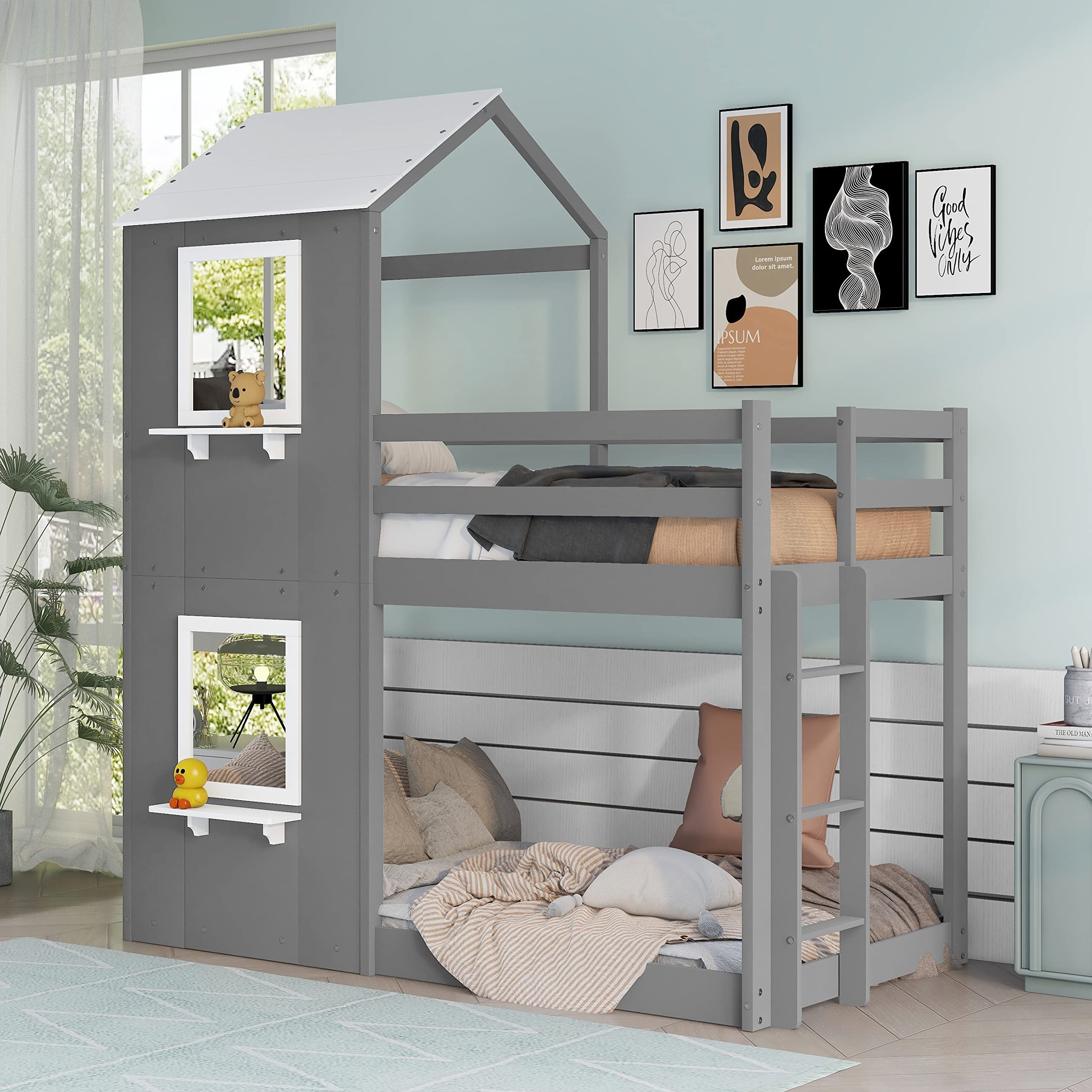 MERITLINE Twin Over Twin House Bunk Bed, Wood Low Floor Bunk Bed Frame with Roof, Window and Full Length Guardrail for Kids, Teens, No Box Spring Needed (Grey)