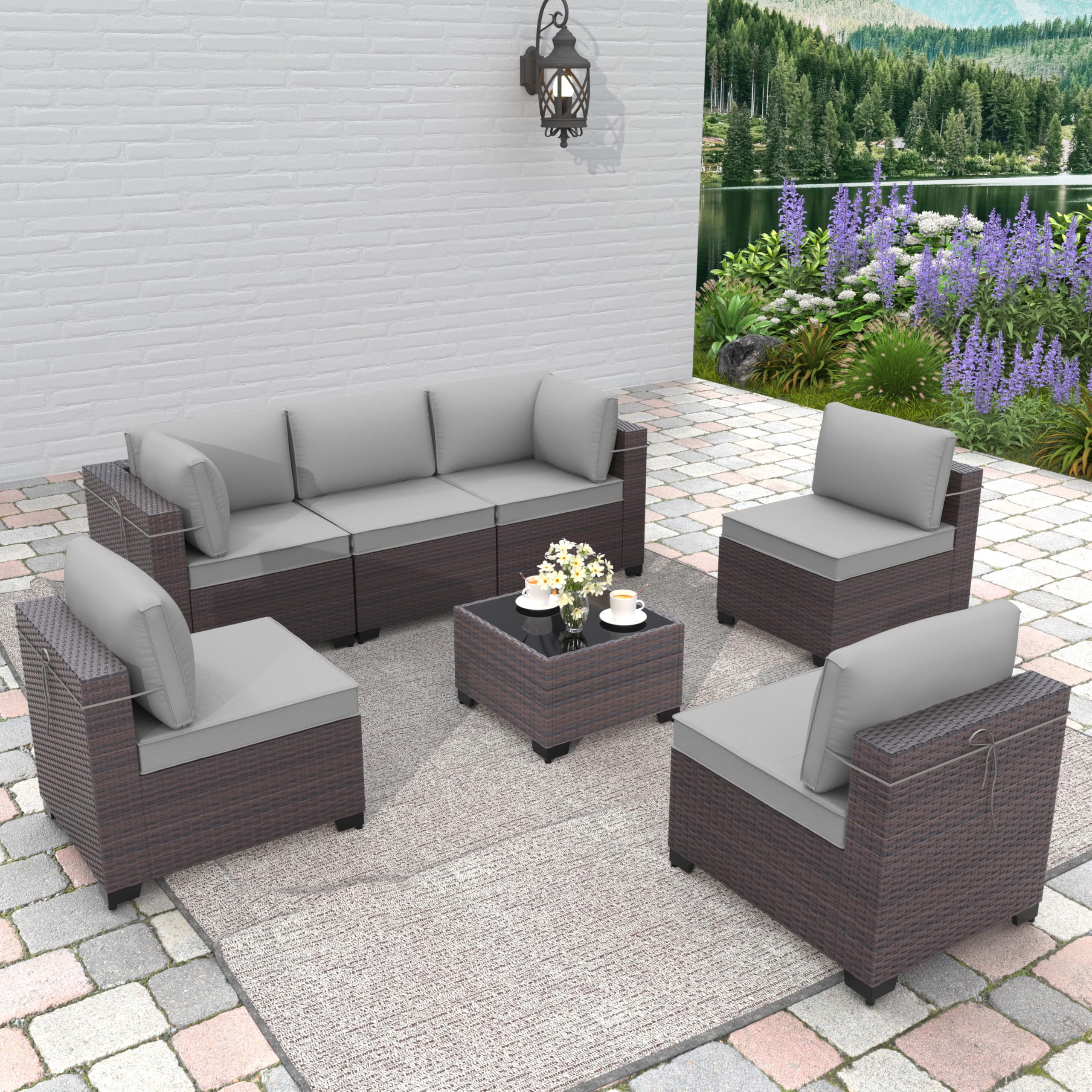 Gotland 7-Piece Outdoor Patio Furniture Set - All-Weather PE Rattan Sectional Wicker with Replaceable Grey Waterproof Cushions & Coffee Table