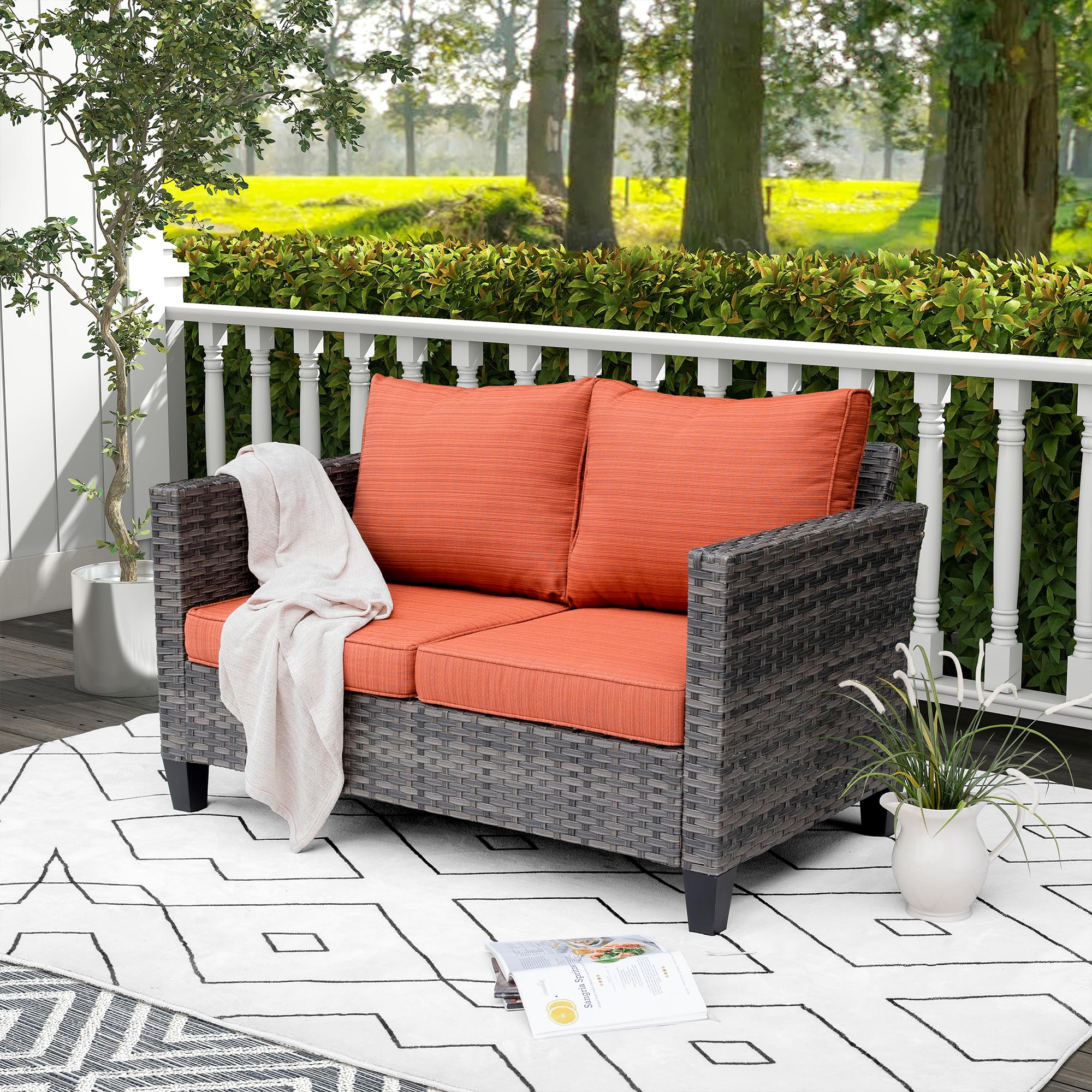 ovios Patio Sofa Loveseat, 2-Seater Outdoor Wicker Rattan Sofa Couch, All Weather High Back Deep Seat Patio Seating with Comfy Cushions for Porch Garden Deck, Orange Red