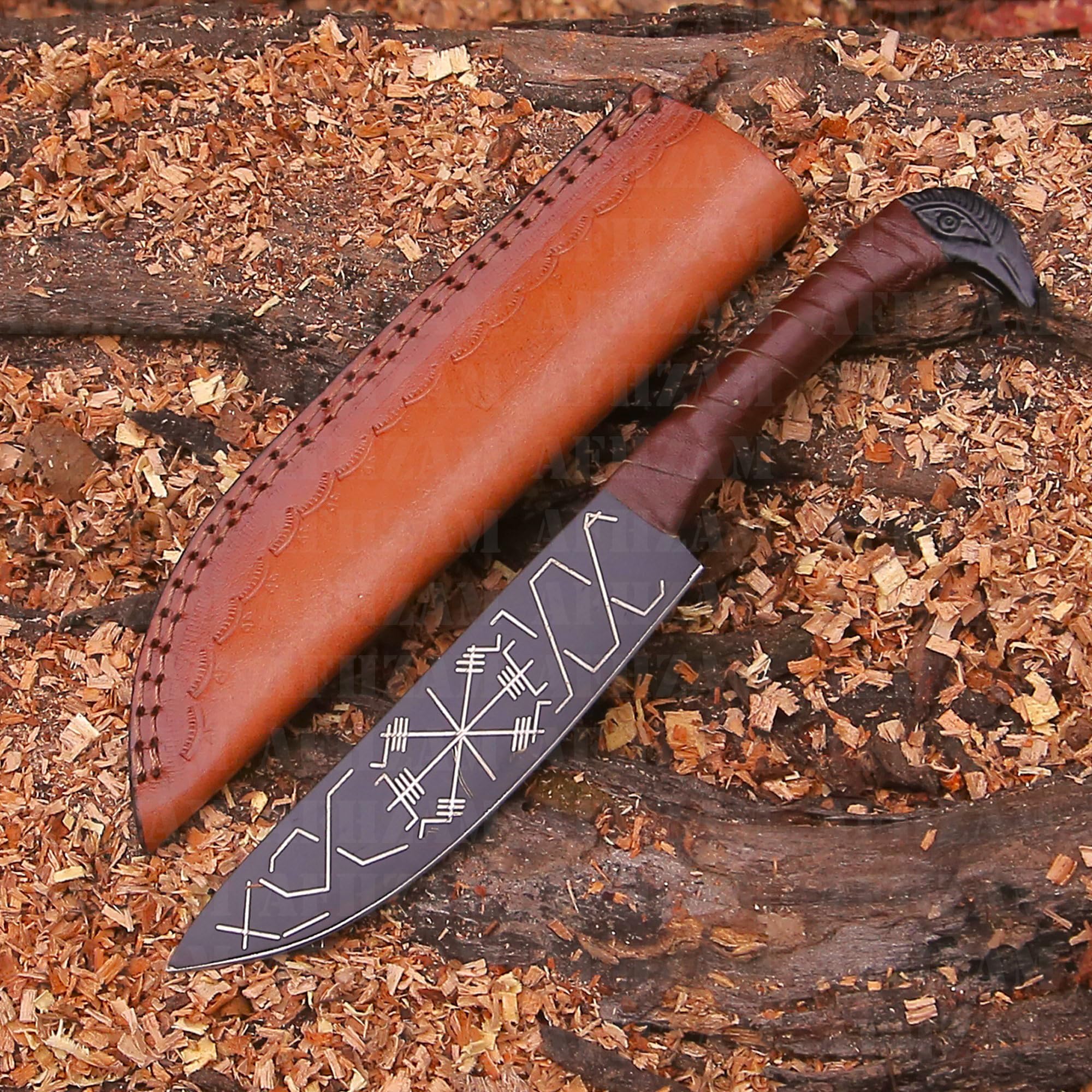 AFHZAM Viking Knife With Raven's Head Hilt & Leather Sheath | Hand Forged High Carbon Steel Blade | Camping Viking Engraved Fixed Blade Knives | Viking Gifts For Men (Kuk-114)