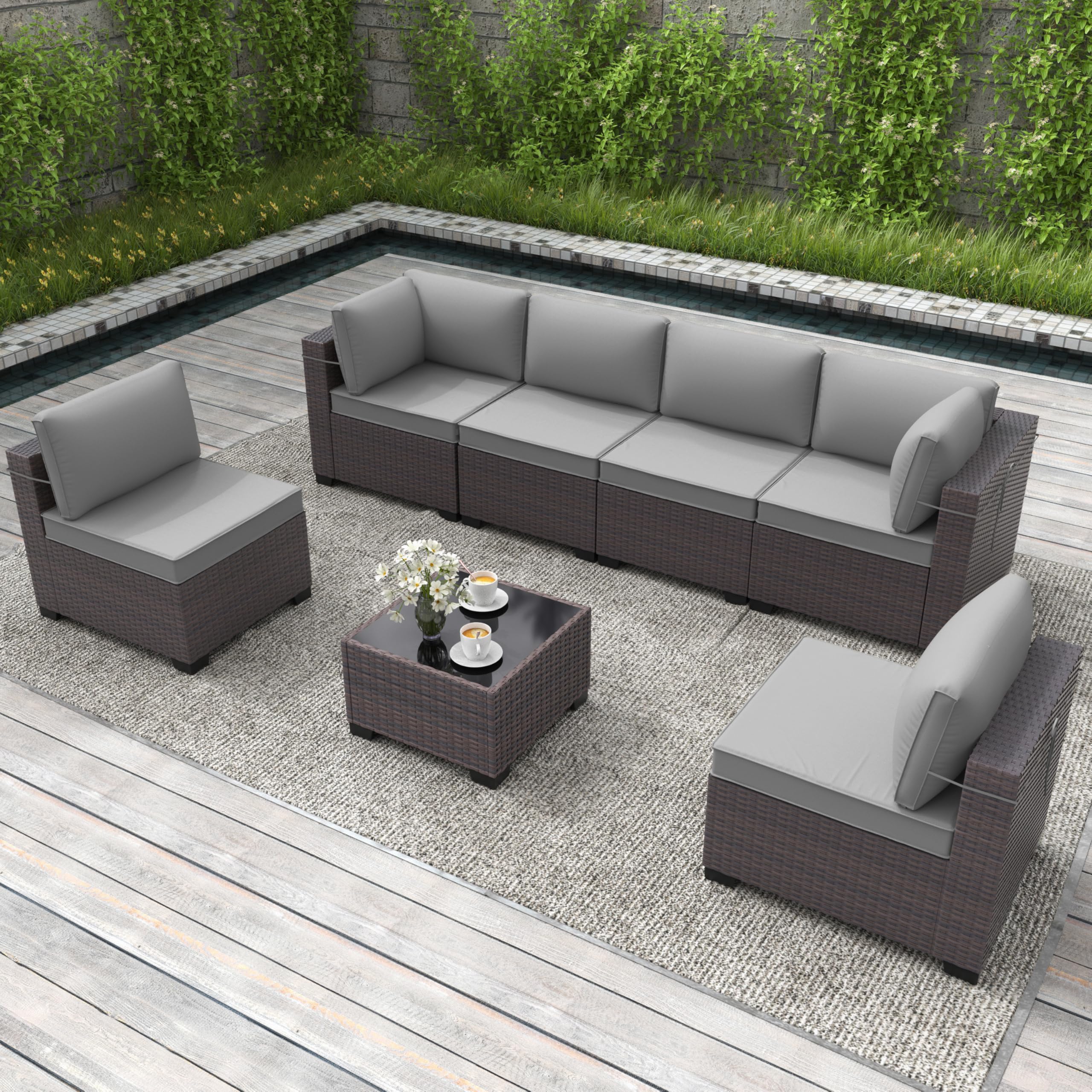 Gotland 7-Piece Outdoor Patio Furniture Set - All-Weather PE Rattan Sectional Wicker with Replaceable Grey Waterproof Cushions & Coffee Table