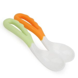 MIEDEON The Baby Learns to Eat with The Spoon Tilting The Head and The Left and Right Hands, Baby Elbow Training Spoon, Children's Spoon (Green+Orange)