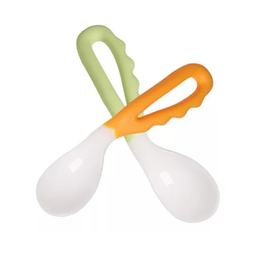 MIEDEON The Baby Learns to Eat with The Spoon Tilting The Head and The Left and Right Hands, Baby Elbow Training Spoon, Children's Spoon (Green+Orange)