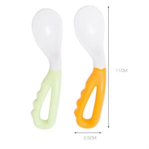 MIEDEON The Baby Learns to Eat with The Spoon Tilting The Head and The Left and Right Hands, Baby Elbow Training Spoon, Children's Spoon (Green+Orange)