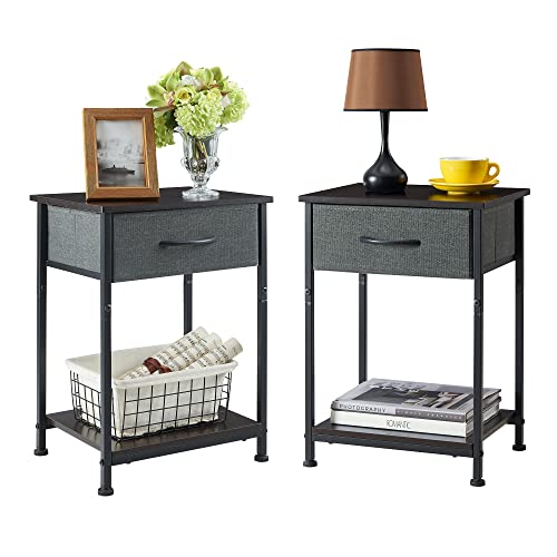 Somdot Nightstand Set of 2, Bedside Table End Table for Bedroom Dorm Nursery Living Room - Removable Fabric Drawer, Open Storage Shelf, Sturdy Steel Frame, Durable Wood Top - Charcoal Grey