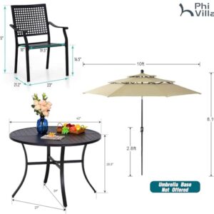 PHI VILLA 5 Pieces Patio Dining Set for 4 with 10ft Patio Umbrella, Metal Patio Circle Table Outdoor Stackable Wrought Iron Chair Set of 4 & 42" Large Round Dining Table,3 Tier Vented Beige Umbrella