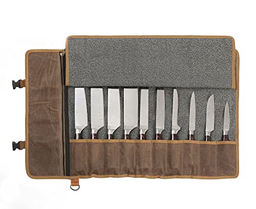 Denifiter Professional Chef's Knife Bag with Anti Cutting Fabric Inside, Heavy Duty 16oz Waxed Canvas Knife Roll, 11 Slots & Durable Handle Adjustable Shoulder Strap (Grey)