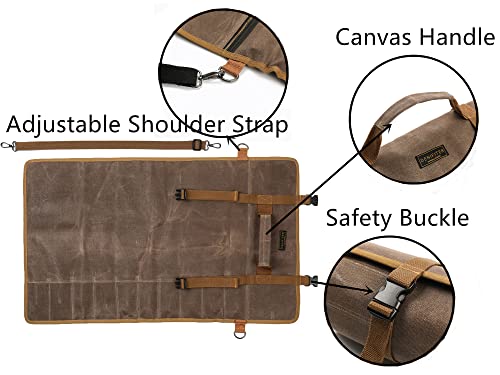 Denifiter Professional Chef's Knife Bag with Anti Cutting Fabric Inside, Heavy Duty 16oz Waxed Canvas Knife Roll, 11 Slots & Durable Handle Adjustable Shoulder Strap (Grey)