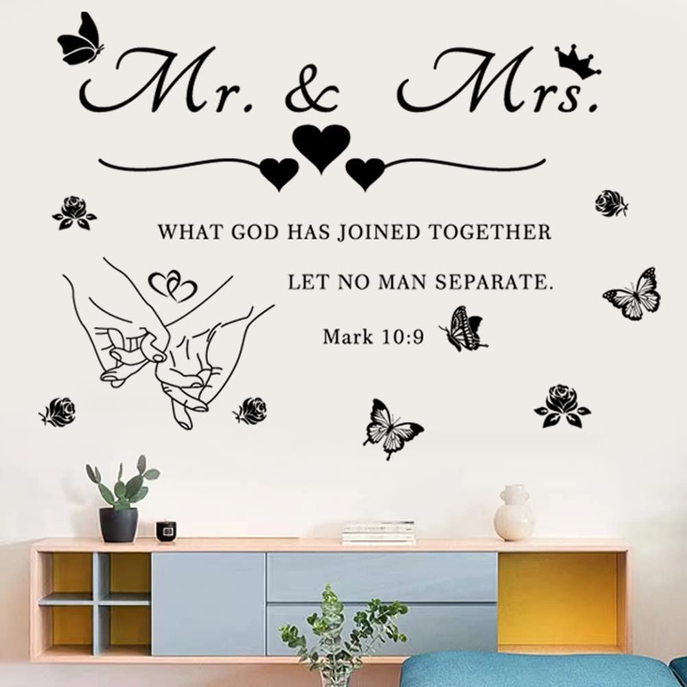 Mr. and Mrs. Wall Decals Wall Art Sticker Peel and Stick Wedding Sayings Art Lettering Stickers Hands with Hearts Romantic Wall Decor Wedding Anniversary Decor Bedroom Living Room Home Decor