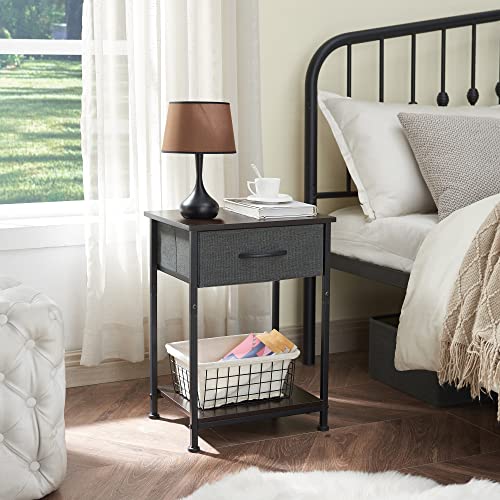 Somdot Nightstand Set of 2, Bedside Table End Table for Bedroom Dorm Nursery Living Room - Removable Fabric Drawer, Open Storage Shelf, Sturdy Steel Frame, Durable Wood Top - Charcoal Grey