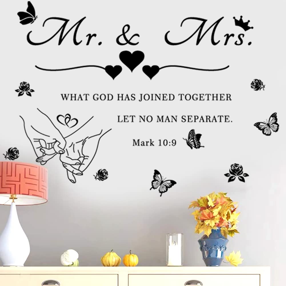 Mr. and Mrs. Wall Decals Wall Art Sticker Peel and Stick Wedding Sayings Art Lettering Stickers Hands with Hearts Romantic Wall Decor Wedding Anniversary Decor Bedroom Living Room Home Decor