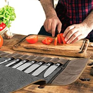 Denifiter Professional Chef's Knife Bag with Anti Cutting Fabric Inside, Heavy Duty 16oz Waxed Canvas Knife Roll, 11 Slots & Durable Handle Adjustable Shoulder Strap (Grey)