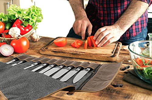 Denifiter Professional Chef's Knife Bag with Anti Cutting Fabric Inside, Heavy Duty 16oz Waxed Canvas Knife Roll, 11 Slots & Durable Handle Adjustable Shoulder Strap (Grey)