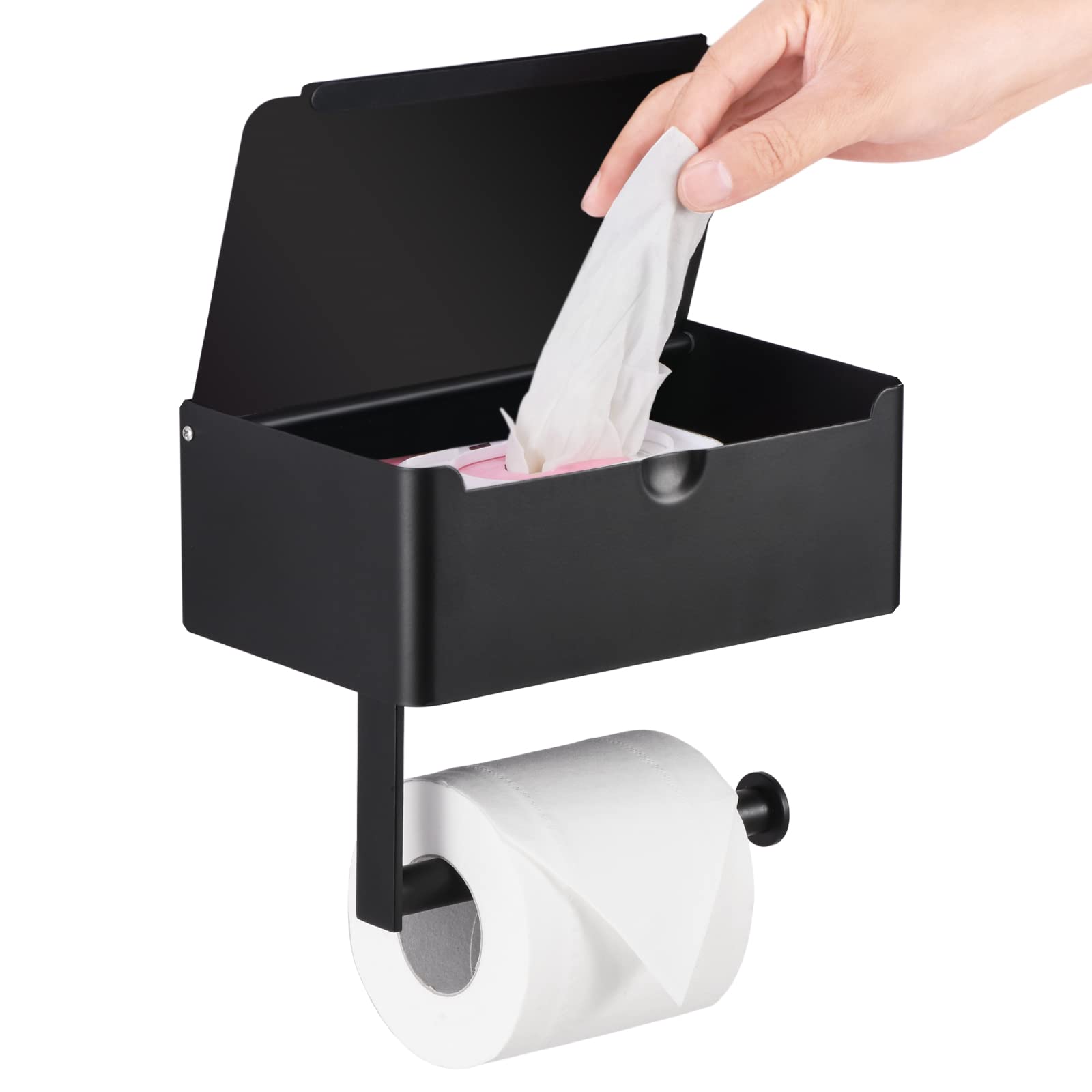 LAYUKI Large Toilet Paper Holder with Shelf, Wipes Dispenser and Storage, Stainless Steel, Wall Mounted, Matt Black, Upgraded Toilet Paper and Flushable Wipes Storage for Bathroom