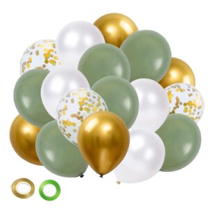 sage green gold white balloons set, 50pcs 12 inch retro sage green gold white party balloons confetti balloons with ribbon for birthday wedding baby shower graduation eucalyptus party decorations