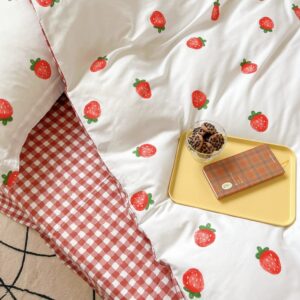 BlueBlue Strawberry Kids Duvet Cover Set Queen 100% Cotton Bedding for Boys Girls Teens Cartoon Red Strawberry Pattern 1 Fruit Full Comforter Cover 2 Pillow Shams (Queen)