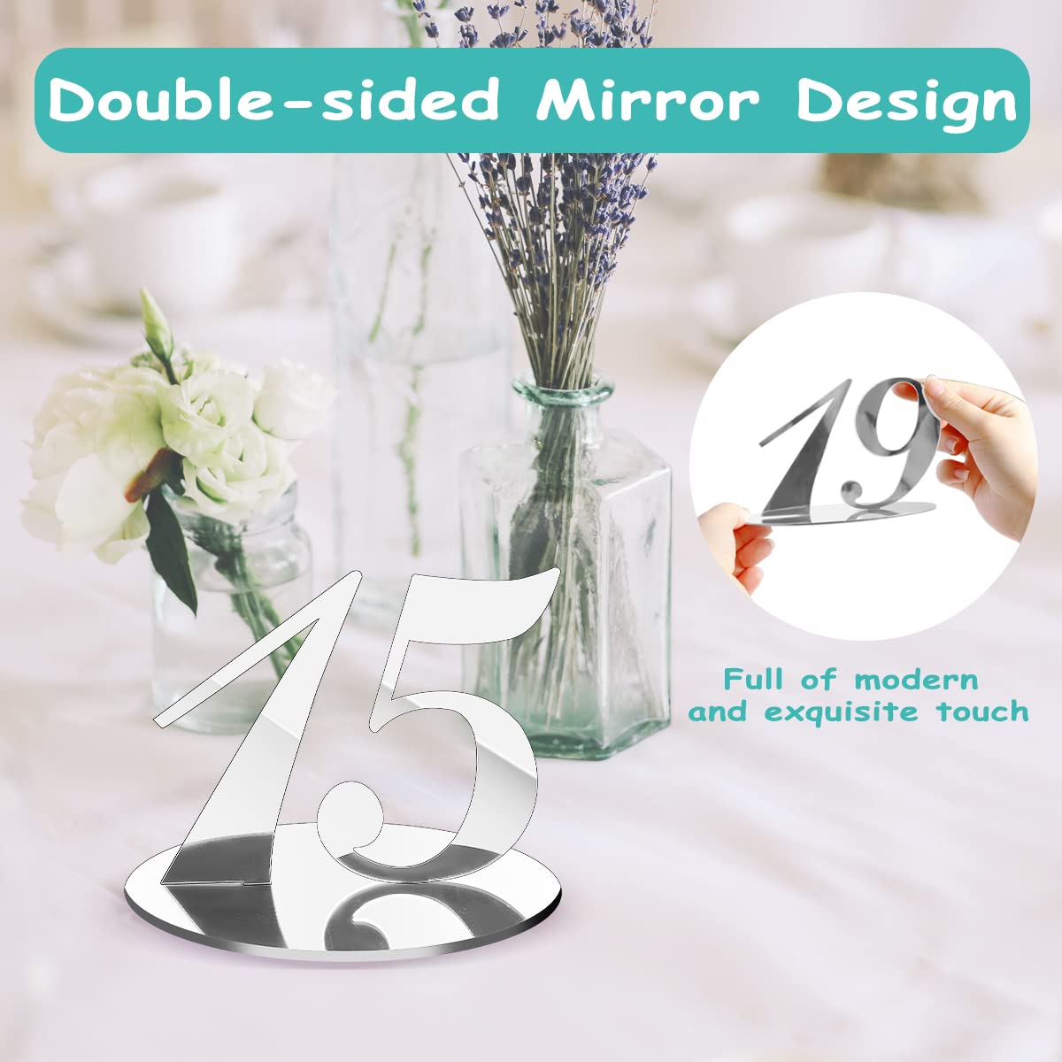 Rely2016 Mirrored Table Number, 1-20 Wedding Table Numbers Stands with Holder Base Acrylic Table Numbers Place Card Holders Reception Décor for Wedding Banquet Birthday Party Event Catering (Silver)