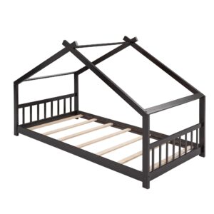 Harper & Bright Designs Kids House Beds Twin, Wooden Montessori Bed, Kids Twin House Bed with Headboard & Footboard, Twin Bed Frame for Kids Boys Girls Teens, No Box Spring Need (Twin, Espresso)