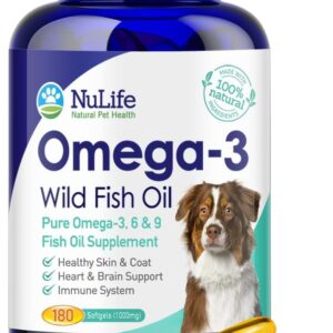 Pure Omega 3 Fish Oil for Dogs, Wild Caught from Iceland, Skin and Coat Supplement for Shedding, Dry Itchy Skin and Allergies, Rich in EPA + DHA with Omega 3, 6 & 9 Fatty Acids, 1000mg, 180 Capsules