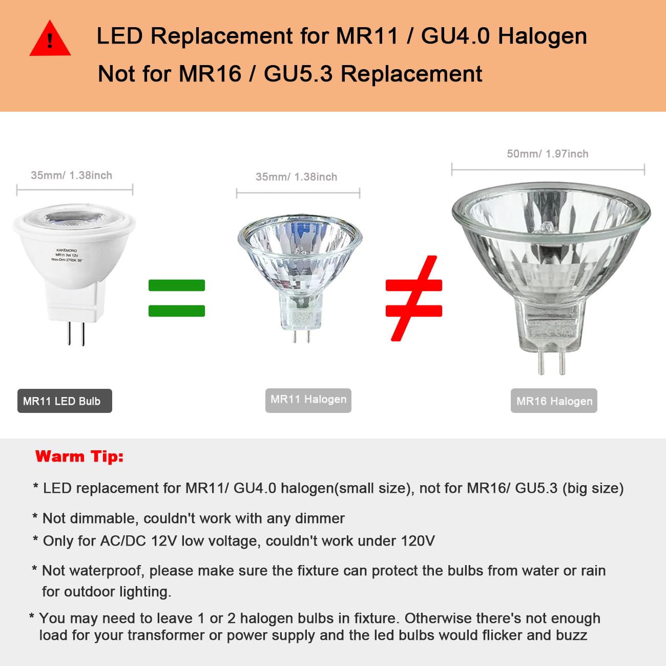 KAKEMONO MR11 GU4.0 Led Bulbs,20W Halogen Equivalent,2700K Soft Warm White,12V GU4 3W Low Voltage Spotlight for Outdoor Landscape Track Lighting, Not Dimmable-6 Pack