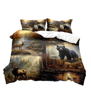 VIVIHOME 3PCS Black Bear Deer Bedding Set, Woodland Animals Elk Moose Wildlife Hunting Country Lodge Cabin Duvet Cover Set, Rustic Farmhouse Comforter Cover with 2 Pillowcases, Soft Microfiber, Queen