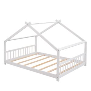 Harper & Bright Designs Full Size House Bed for Kids, Full Bed Frame with Headboard and Footboard, Wooden Kids House Bed for Girls Boys Bedroom Furniture, No Box Spring Needed, White