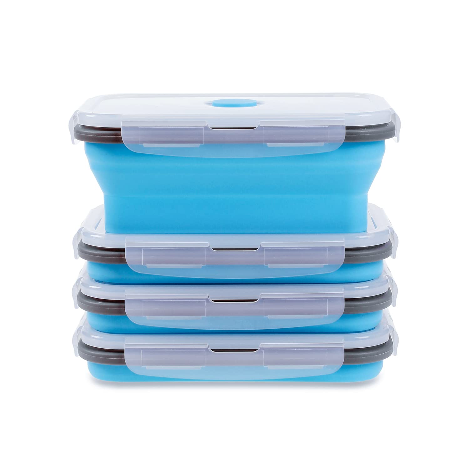 Annaklin Collapsible Food Storage Containers with Airtight Lid & Vent Valve, 27 oz, Kitchen Stacking Silicone Collapsible Meal Prep Container Set for Leftover, Microwave Freezer Safe, Blue, Set of 4