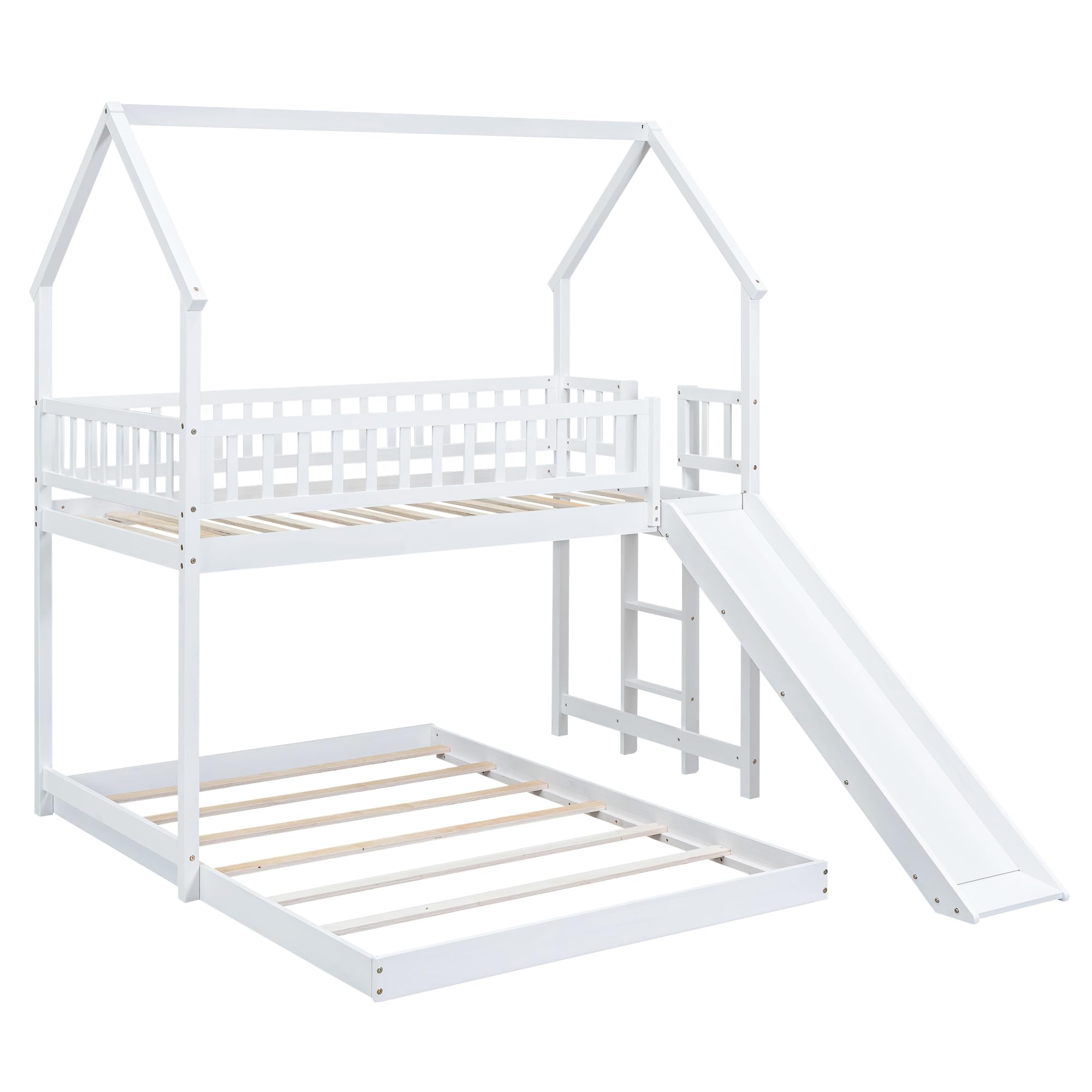 Harper & Bright Designs House Bunk Bed with Slide, Wood Twin Over Full L-Shape Bunk Bed Frame with Roof, Full-Length Guardrail, Built-in Ladder for Kids Teens, No Spring Box Required (White)