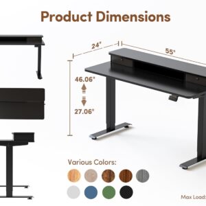 BANTI 55x24 Inch Electric Standing Desk with Double Drawers, Adjustable Height Stand Up Desk, Sit Stand Home Office Desk with Storage Shelf, Black Top