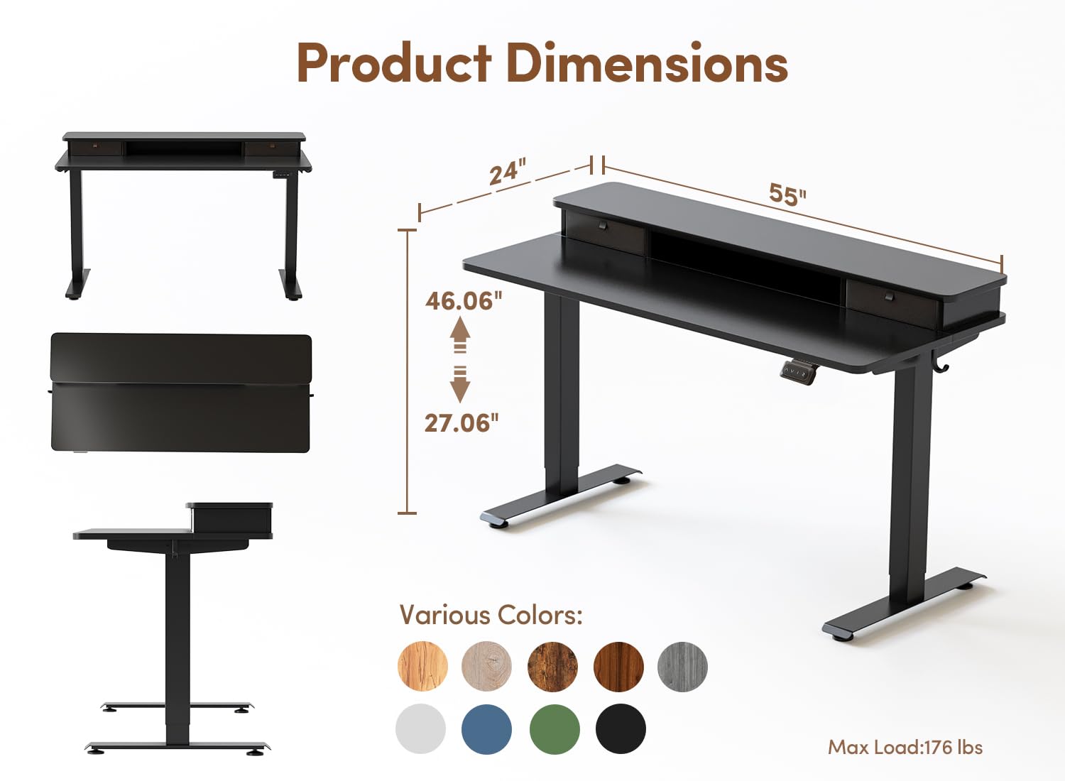 BANTI 55x24 Inch Electric Standing Desk with Double Drawers, Adjustable Height Stand Up Desk, Sit Stand Home Office Desk with Storage Shelf, Black Top