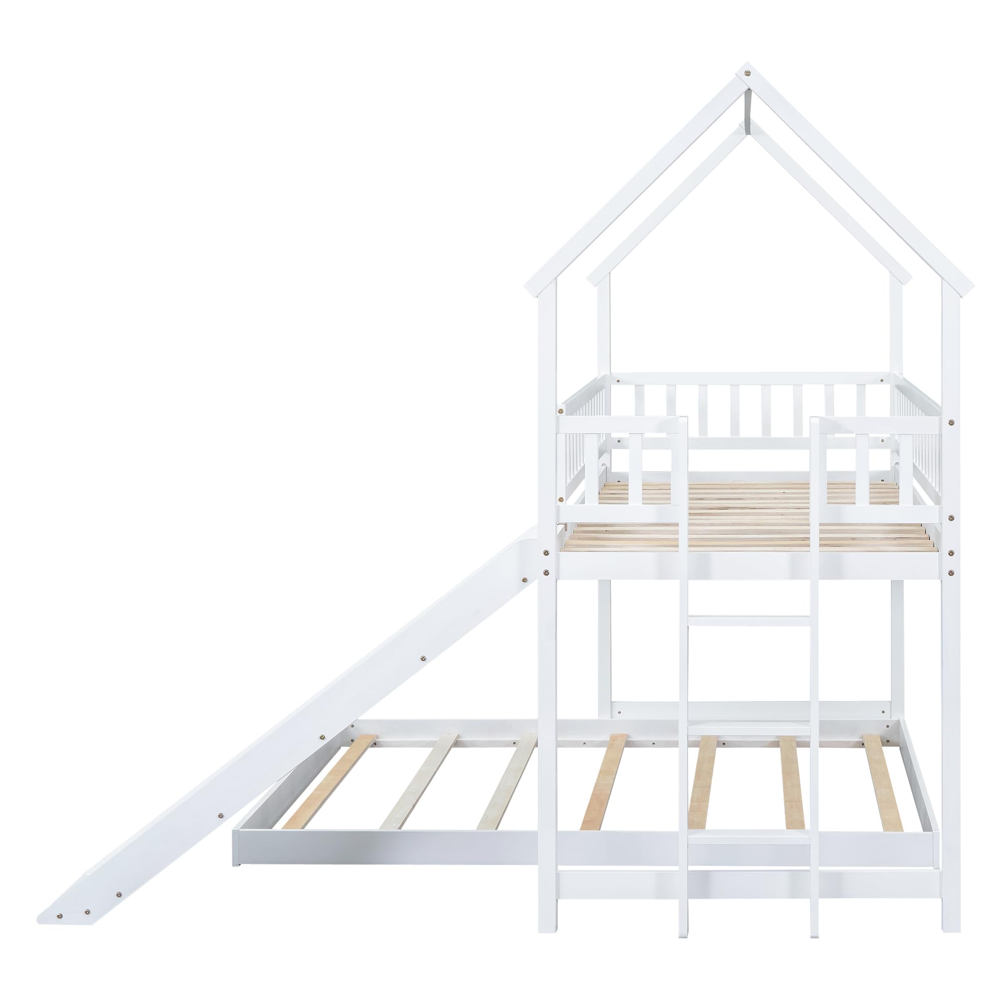 Harper & Bright Designs House Bunk Bed with Slide, Wood Twin Over Full L-Shape Bunk Bed Frame with Roof, Full-Length Guardrail, Built-in Ladder for Kids Teens, No Spring Box Required (White)