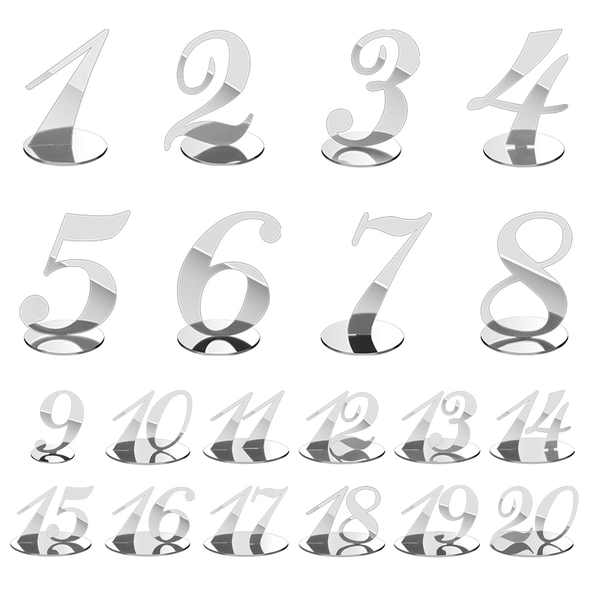 Rely2016 Mirrored Table Number, 1-20 Wedding Table Numbers Stands with Holder Base Acrylic Table Numbers Place Card Holders Reception Décor for Wedding Banquet Birthday Party Event Catering (Silver)