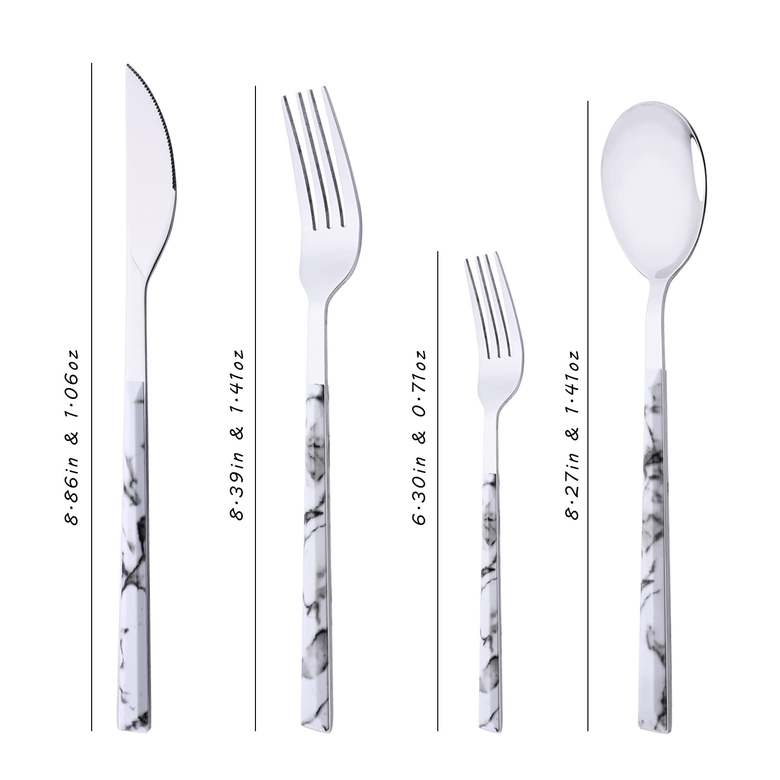 Uniturcky 16-Piece Silverware Set with Dessert Fork, Stainless Steel Flatware Cutlery Set for 4, Mirror Finish Tableware Utensil Set, Marble Texture Handle, Include Knife Fork Spoon(White & Silver)