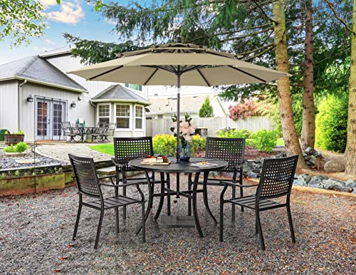 PHI VILLA 5 Pieces Patio Dining Set for 4 with 10ft Patio Umbrella, Metal Patio Circle Table Outdoor Stackable Wrought Iron Chair Set of 4 & 42" Large Round Dining Table,3 Tier Vented Beige Umbrella