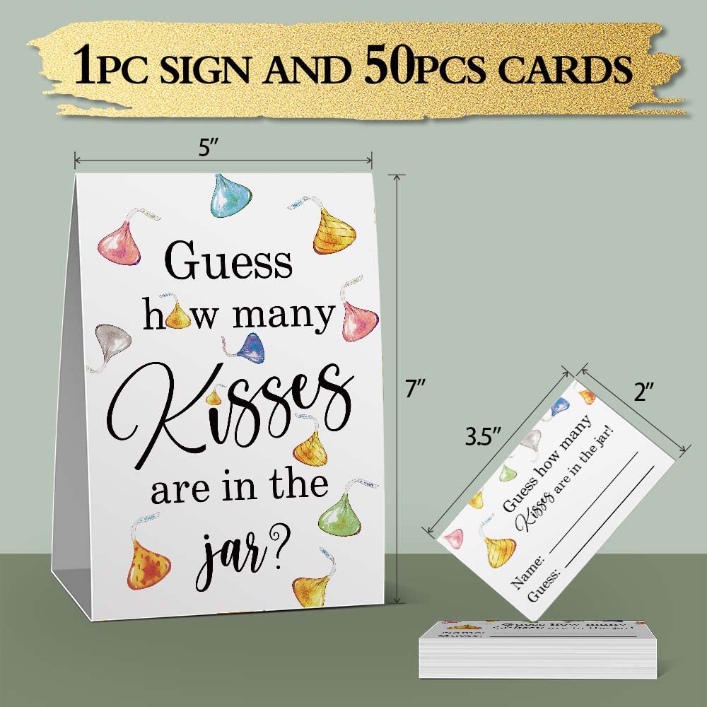 Guess How Many kisses Baby Shower Game, Golden Baby Shower Decorations，Watercolor Chocolate, Bridal Shower, Birthday, Christmas, Thanksgiving，Graduation Season Funny Party Game(1 Sign+50 Cards)