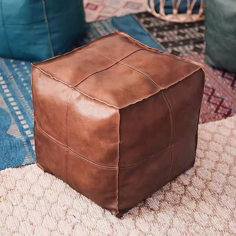 Pouf Ottoman, Unstuffed Ottoman Pouf Cover, Handmade Outdoor Pouf Faux PU Leather Moroccan, Brown 17.7" Square, Ottoman for Living Room Balcony Office Outdoor for Christmas Decorations Gift