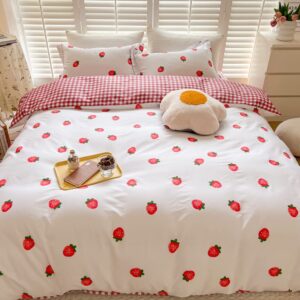 BlueBlue Strawberry Kids Duvet Cover Set Queen 100% Cotton Bedding for Boys Girls Teens Cartoon Red Strawberry Pattern 1 Fruit Full Comforter Cover 2 Pillow Shams (Queen)