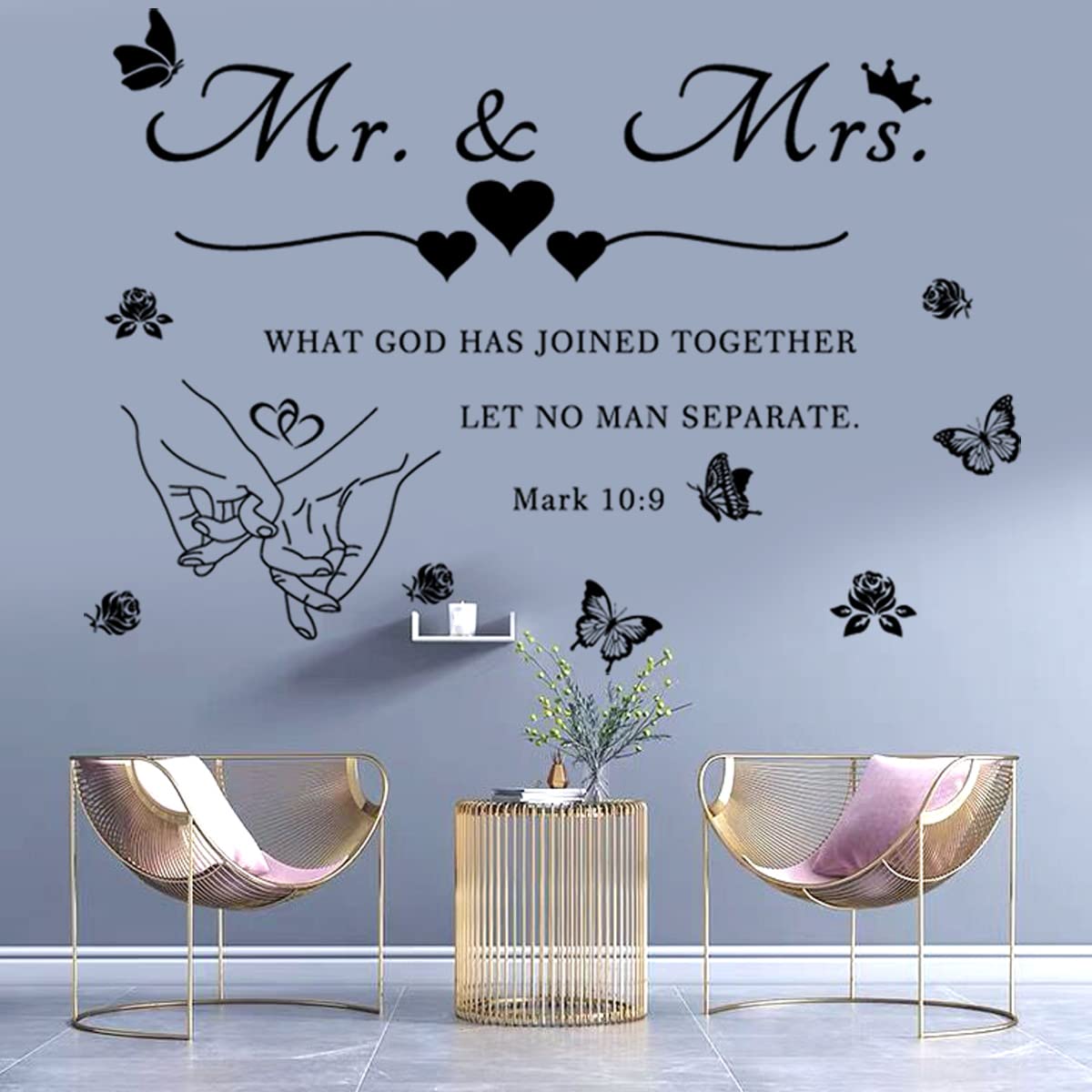 Mr. and Mrs. Wall Decals Wall Art Sticker Peel and Stick Wedding Sayings Art Lettering Stickers Hands with Hearts Romantic Wall Decor Wedding Anniversary Decor Bedroom Living Room Home Decor